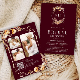 Wildflower Crest QR Code Burgundy Bridal Shower 招待状