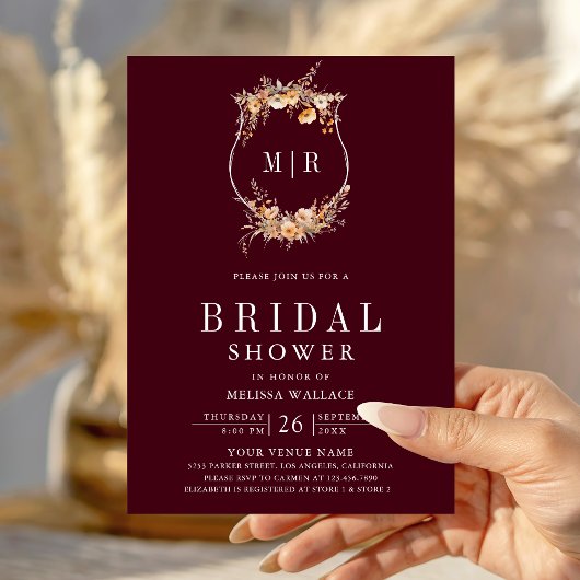 Wildflower Crest QR Code Burgundy Bridal Shower 招待状