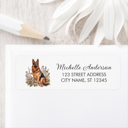 Wildflower Cute German Shepherd Dog Return Address ラベル (インサイチュ)