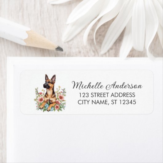 Wildflower Cute German Shepherd Dog Return Address ラベル (インサイチュ)