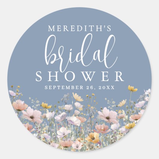 Wildflower Dusty Blue Bridal Shower ラウンドシール (正面)