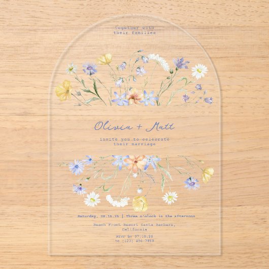 Wildflower Elegant Handwritten Wedding Wedding アクリル招待状 (正面)