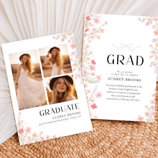 Wildflower Elegant Photo Collage Bow Graduation 案内状