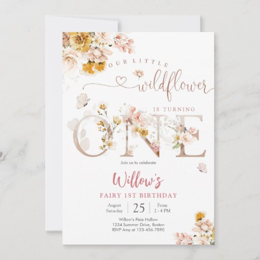Wildflower Fairy 1st Birthday Invitation 招待状 (正面)