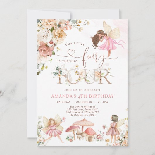 Wildflower Fairy Four Girl 4th Birthday Invitation 招待状 (正面)