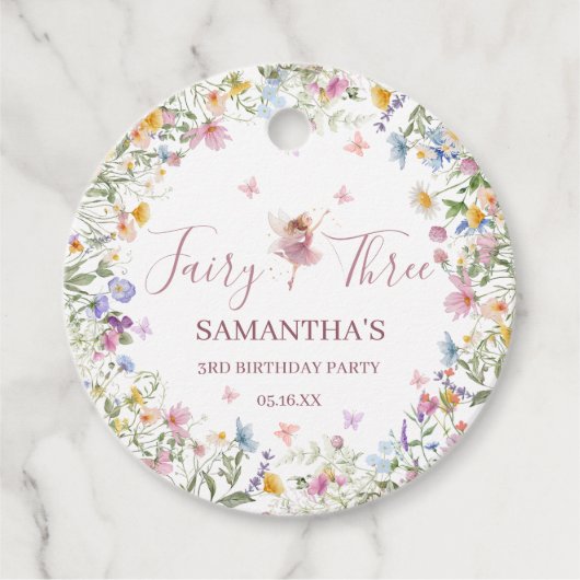 Wildflower Fairy Garden 3歳の誕生日パーティーラウンド フェイバータグ (正面)