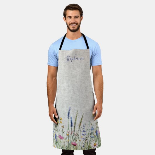 Wildflower Faux Linen Textured Apron エプロン (着用した状態)