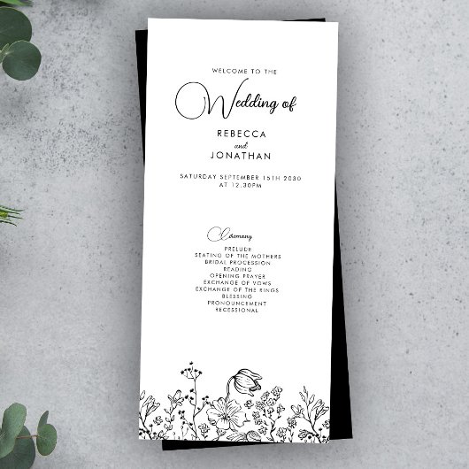 Wildflower Floral Black White Wedding Program