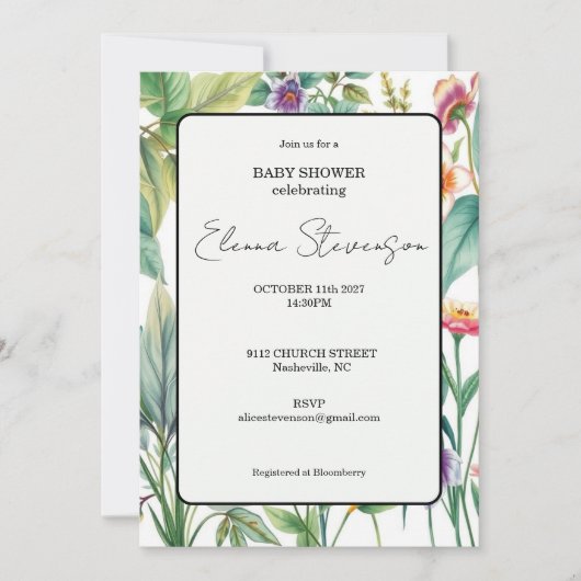 Wildflower Floral Boho Baby Shower Invitation 招待状 (正面)