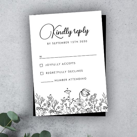 Wildflower Floral Elegant Black White Wedding RSVP