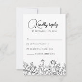 Wildflower Floral Elegant Black White Wedding RSVP (正面)