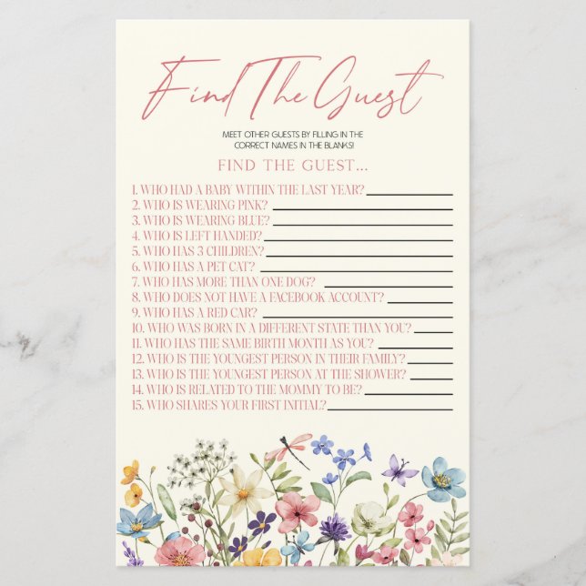 Wildflower Floral Find The Guest Baby Shower Game (正面)