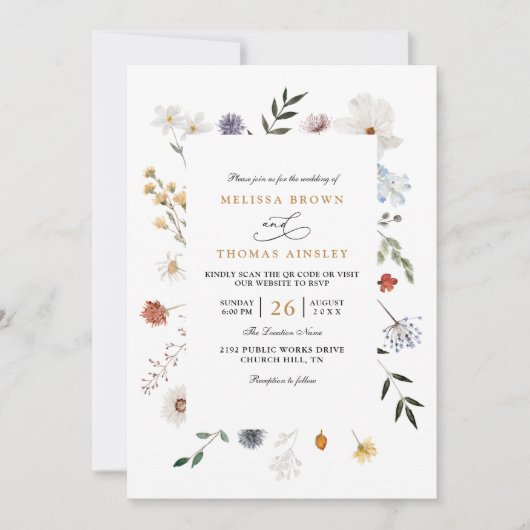 Wildflower Floral Frame Elegant QR Code Wedding 招待状 (正面)