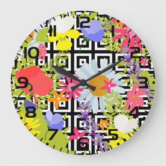 Wildflower Floral Garden on Geometric Pattern ラージ壁時計 (正面)