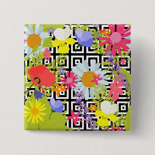 Wildflower Floral Garden on Geometric Pattern 缶バッジ (正面)