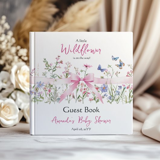 Wildflower Floral Girl Pink Bow Baby Shower ゲストブック