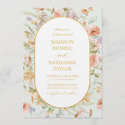Wildflower Floral Meadow Gold Frame Wedding 招待状 (正面)