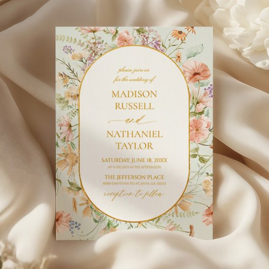 Wildflower Floral Meadow Gold Frame Wedding 招待状