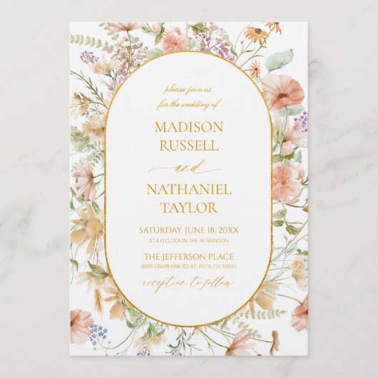 Wildflower Floral Meadow Gold Frame Wedding 招待状 (正面)