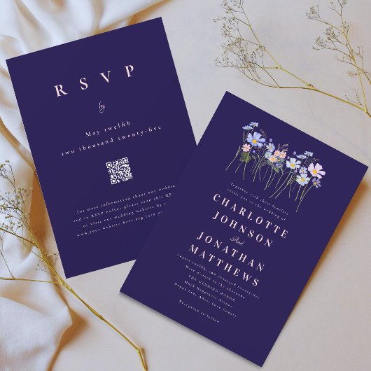 Wildflower Floral Navy Blue Pink Wedding QR Code 招待状