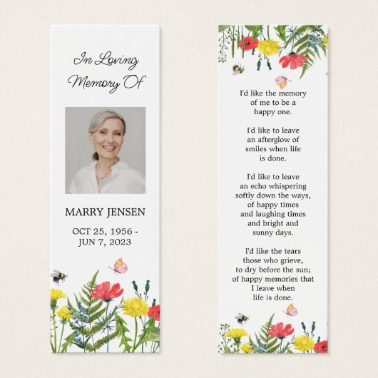 Wildflower Floral Photo Funeral Memorial Bookmark (正面&裏面)