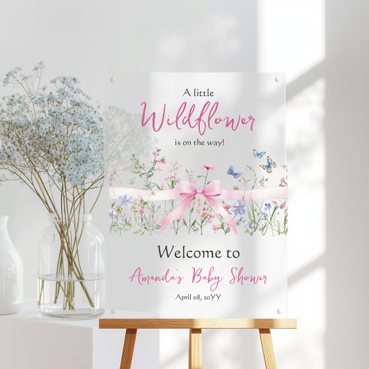 Wildflower Floral Pink Bow Baby Shower Welcome アクリルサイン