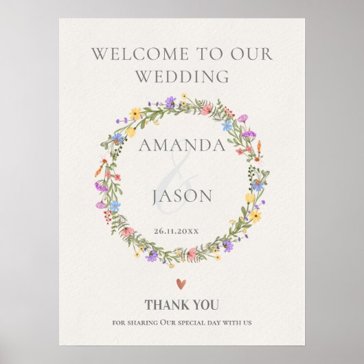 Wildflower Floral Wreath Welcome to Our Wedding ポスター (正面)