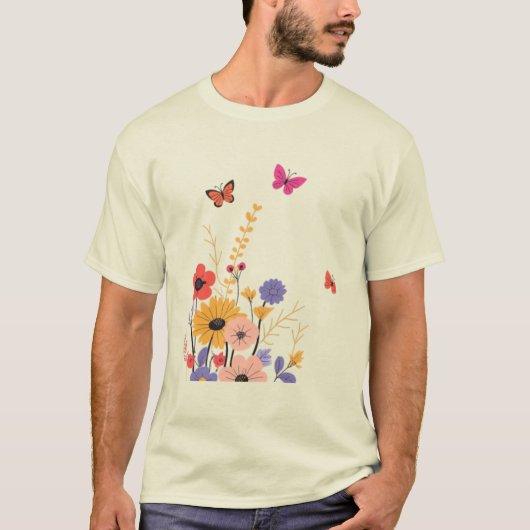 Wildflower Garden & Butterflies Folk Art  Tシャツ (正面)