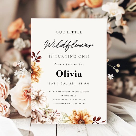 Wildflower Garden Floral First Birhday 招待状