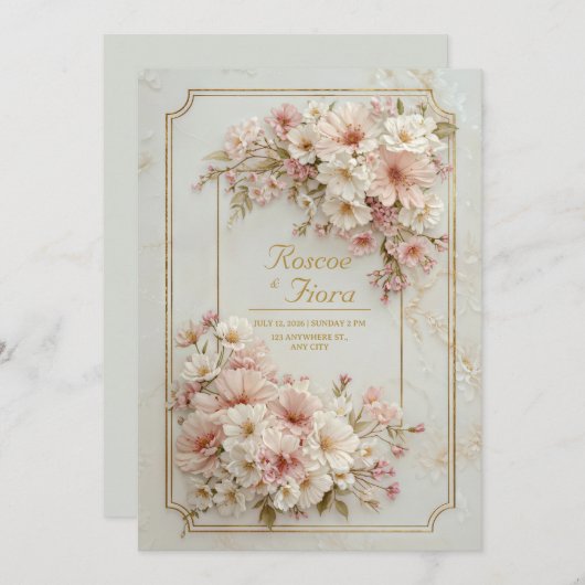Wildflower Gilded Ticket Frame Wedding 招待状 (正面/裏面)