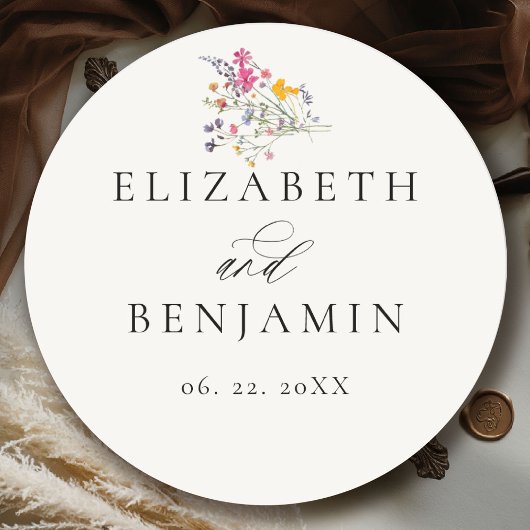 Wildflower Grace Modern Floral Romantic Wedding ラウンドシール
