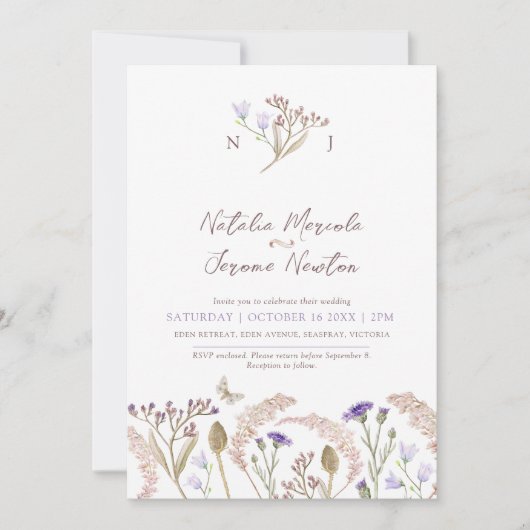 Wildflower grasses watercolor fall wedding 招待状 (正面)