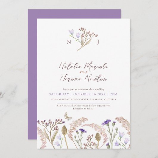 Wildflower grasses watercolor fall wedding 招待状 (正面/裏面)