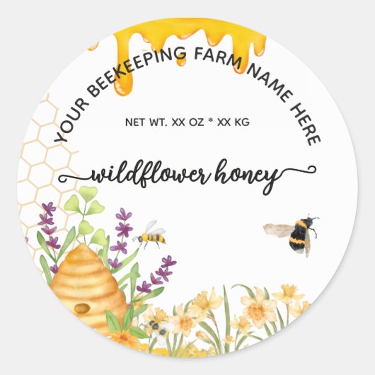 Wildflower Honey Jar Labels | Honeybee Bee Apiary ラウンドシール (正面)