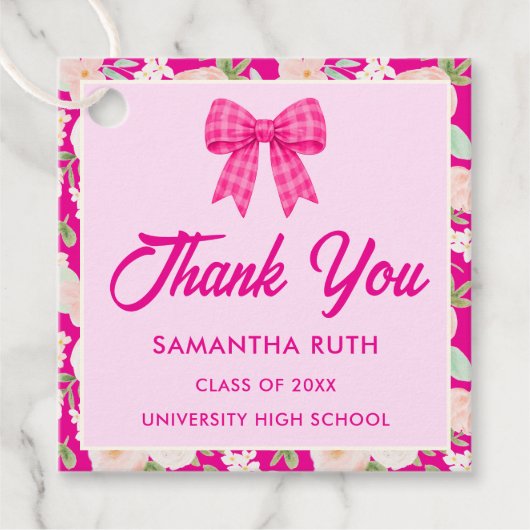 Wildflower Hot Pink Gingham Bow Graduation Party フェイバータグ (正面)