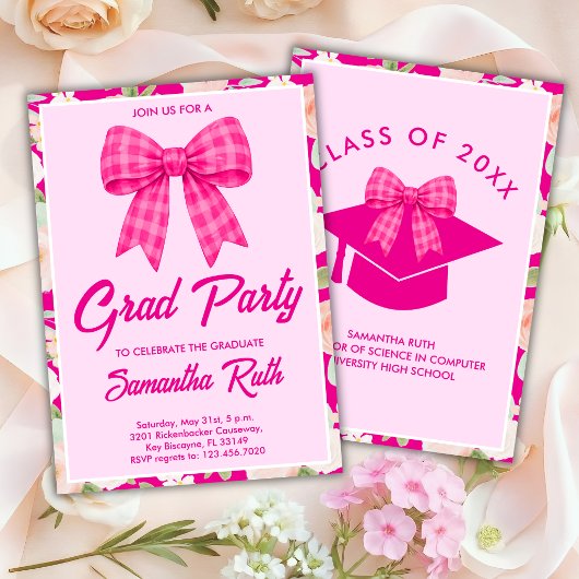 Wildflower Hot Pink Gingham Bow Graduation Party 招待状