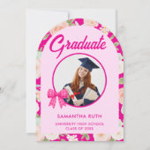 Wildflower Hot Pink Gingham Bow Photo Graduation 招待状 (正面)