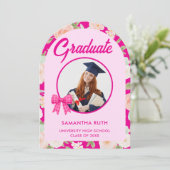 Wildflower Hot Pink Gingham Bow Photo Graduation 招待状 (スタンド正面)