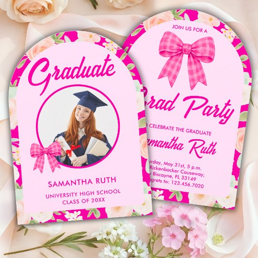 Wildflower Hot Pink Gingham Bow Photo Graduation 招待状