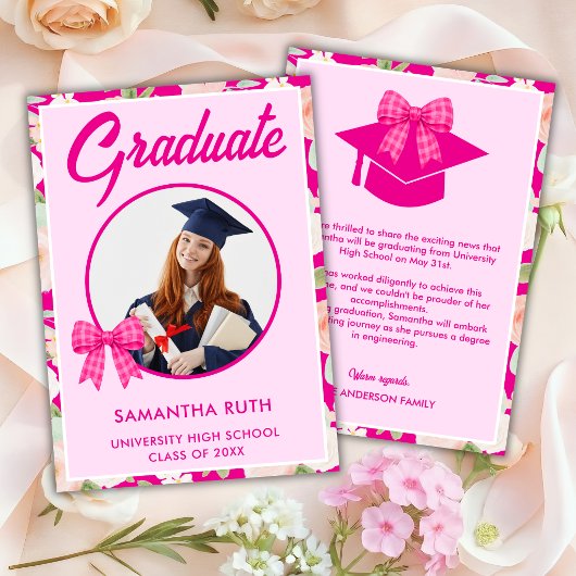 Wildflower Hot Pink Gingham Bow Photo Graduation 案内状