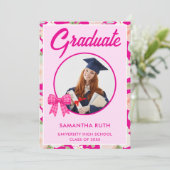 Wildflower Hot Pink Gingham Bow Photo Graduation 案内状 (スタンド正面)
