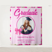 Wildflower HotPink Gingham Bow Photo Grad Backdrop タペストリー (正面)