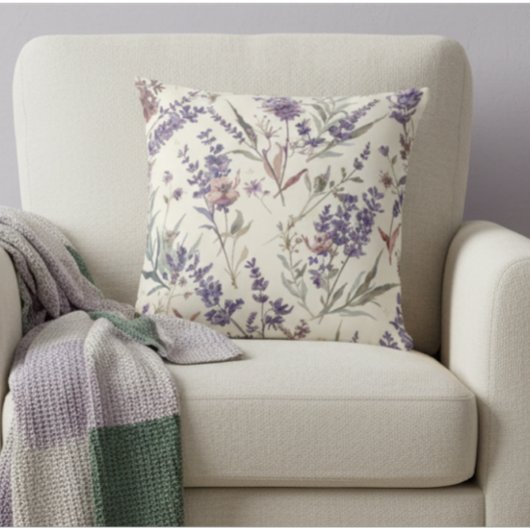 Wildflower Lavender Boho Botanical Floral クッション