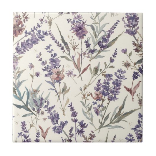 Wildflower Lavender Boho Botanical Floral タイル (正面)