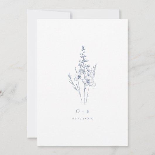 Wildflower Line Art Periwinkle Wedding 招待状 (裏面)