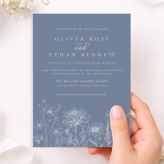 Wildflower Line Art Periwinkle Wedding  招待状
