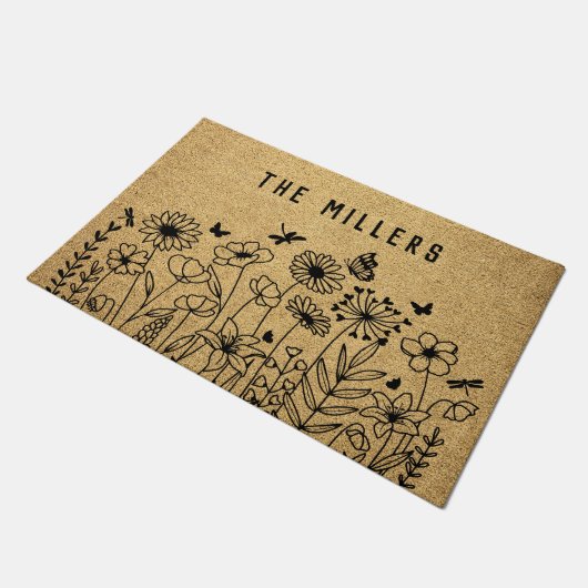 Wildflower Line Art Personalized Welcome Custom ドアマット (アングル)