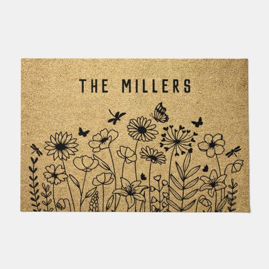 Wildflower Line Art Personalized Welcome Custom ドアマット (正面)