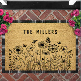 Wildflower Line Art Personalized Welcome Custom ドアマット