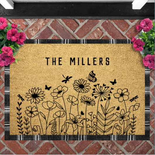 Wildflower Line Art Personalized Welcome Custom ドアマット
